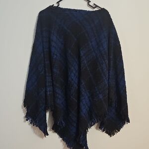 Chaps Blue and Black Plaid Poncho OS